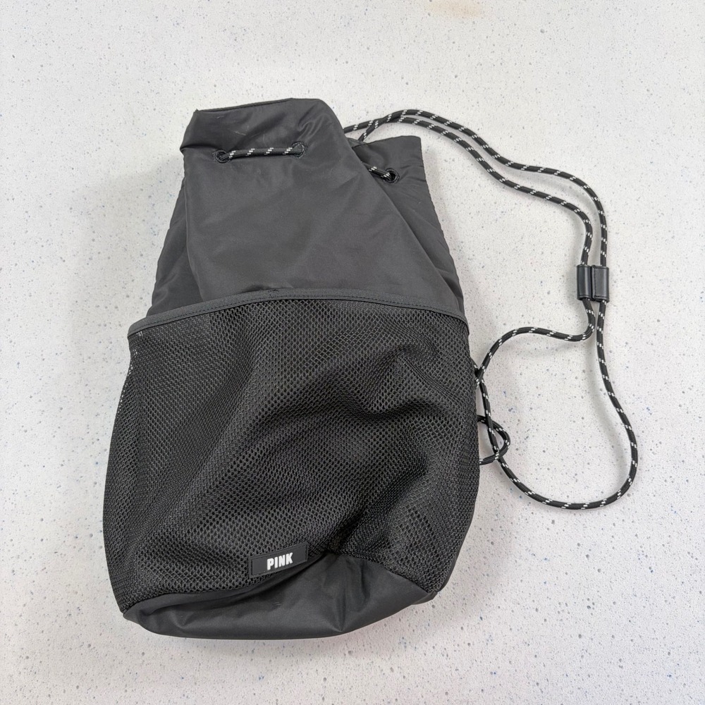 PINK Victoria's Secret Black Mesh Drawstring Cinch Backpack Gym‎ Bag